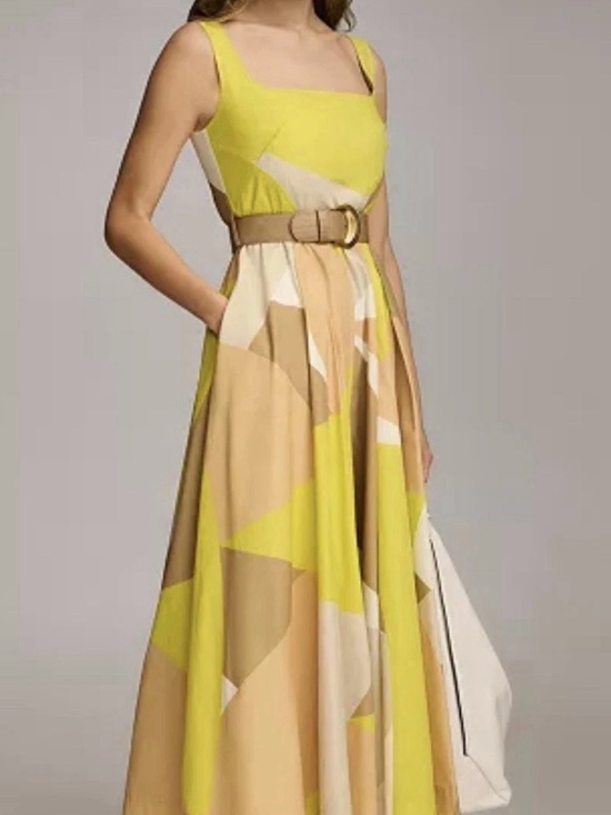 Donna Karan Dresses & Skirts - Donna Karan Yellow and Tan Geometric Maxi Dress with Belt